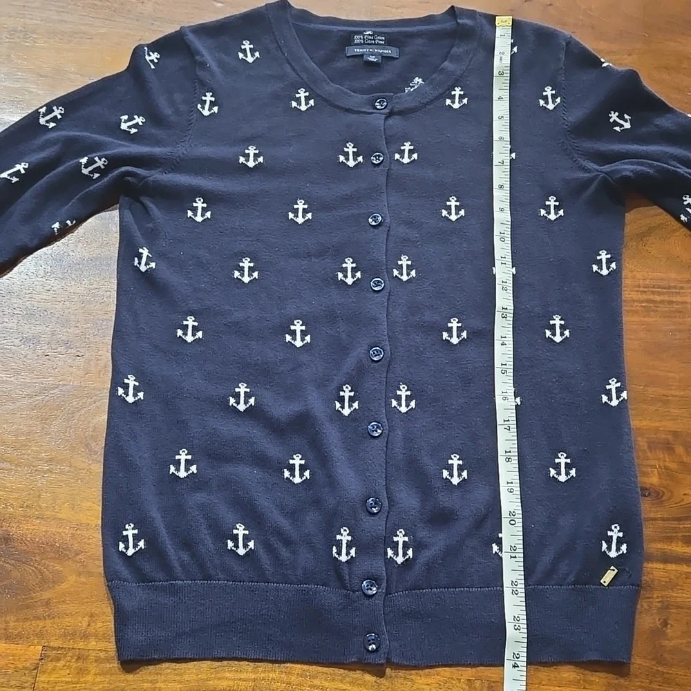 Tommy Hilfiger 100% Pima Cotton Navy Blue And White Anchor Cardigan Size Small